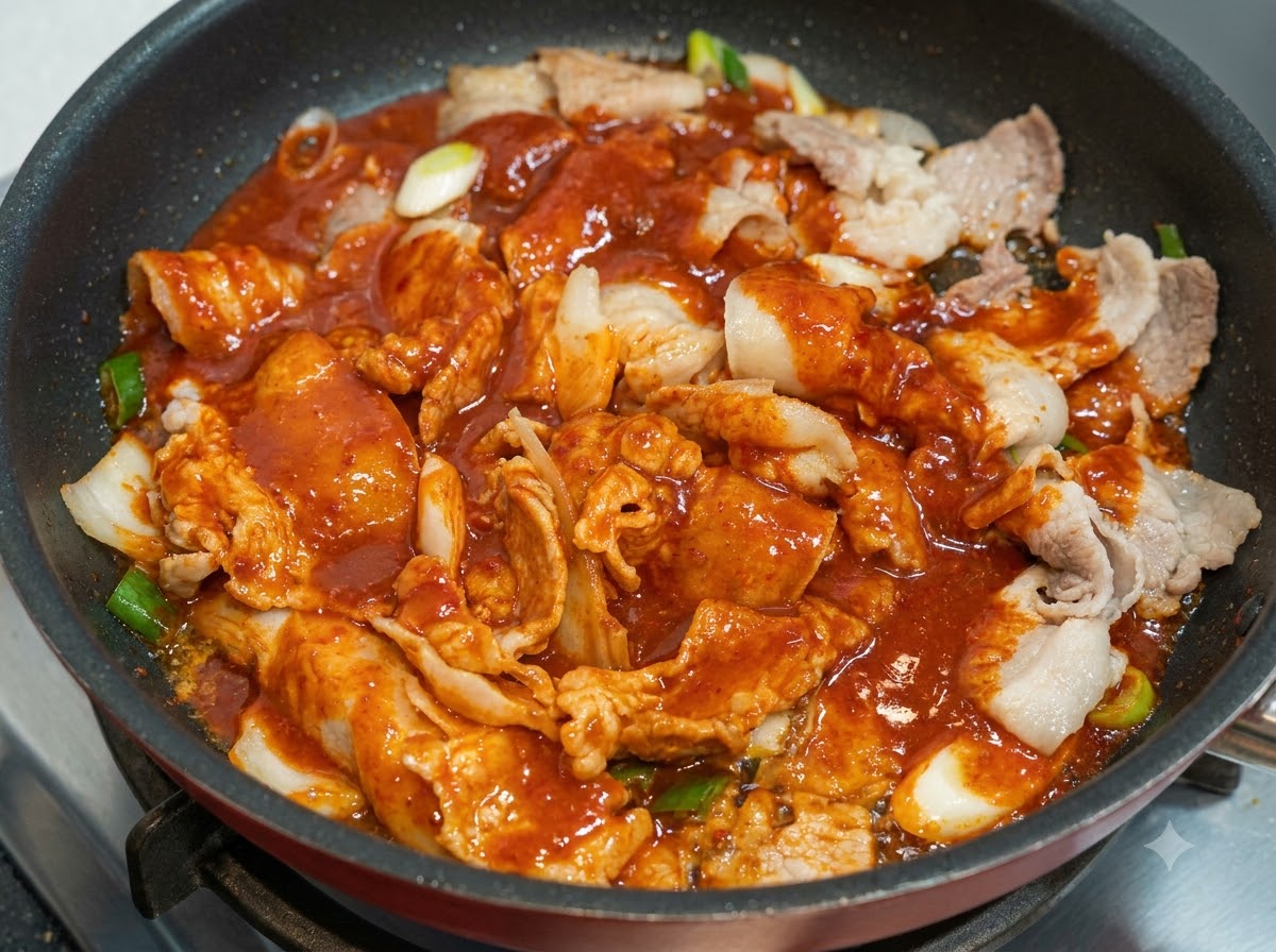 Salsa piccante rosso vivo versata sopra la pancetta di maiale e le verdure che sfrigolano in padella.