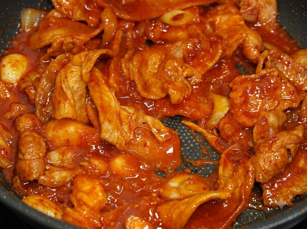 Fettine sottili di maiale saltate in padella con una salsa di peperoncino densa e rosso vivo.