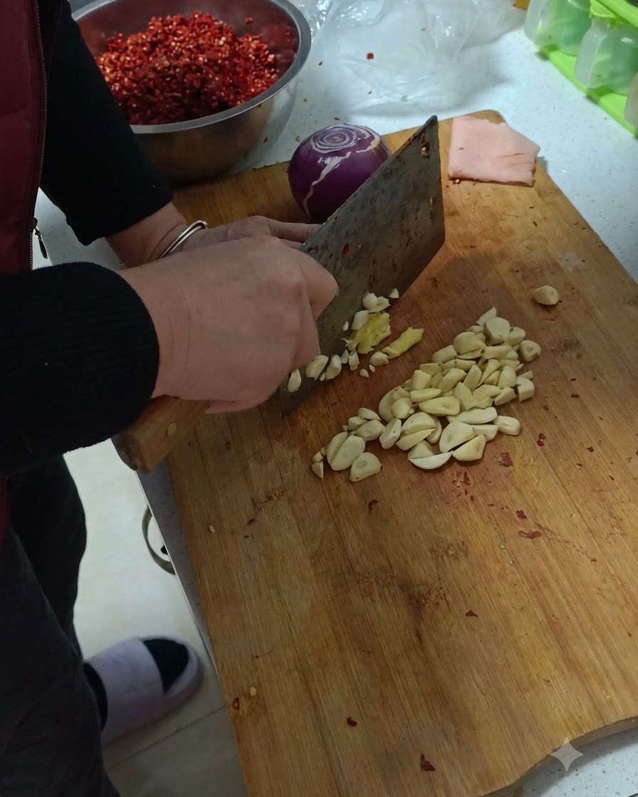Aglio, zenzero e una cipolla viola tritati su un tagliere di legno.