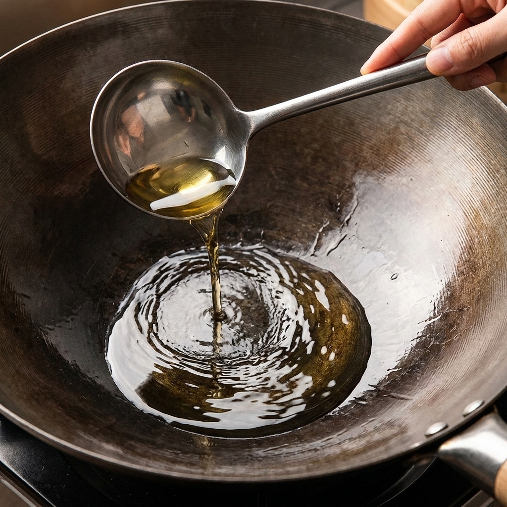 Olio versato da un mestolo in un wok caldo.