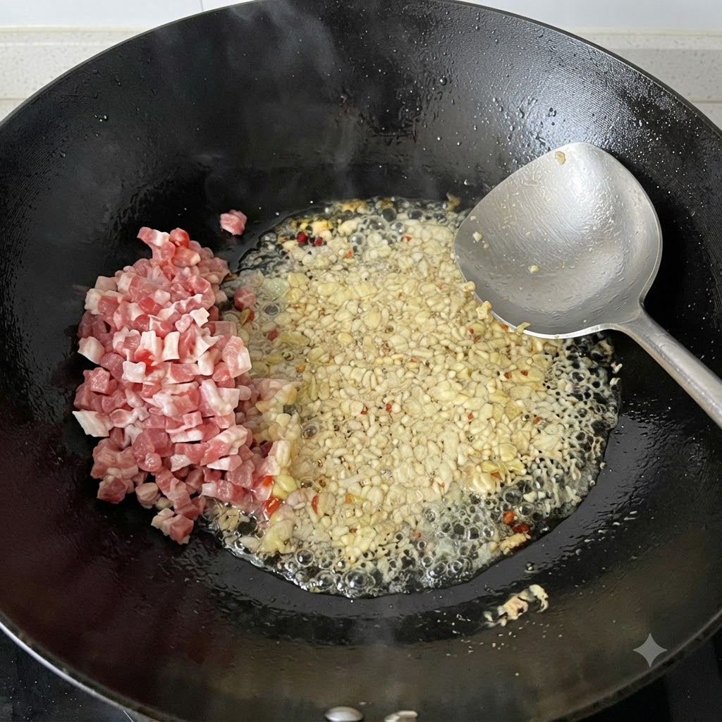 Carne a cubetti e miscela aromatica saltati in un wok.
