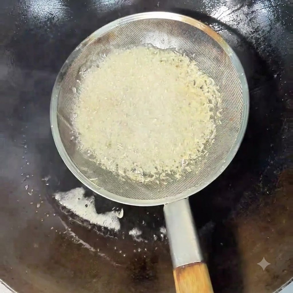 Gamberetti essiccati fritti in olio bollente allinterno di un colino.
