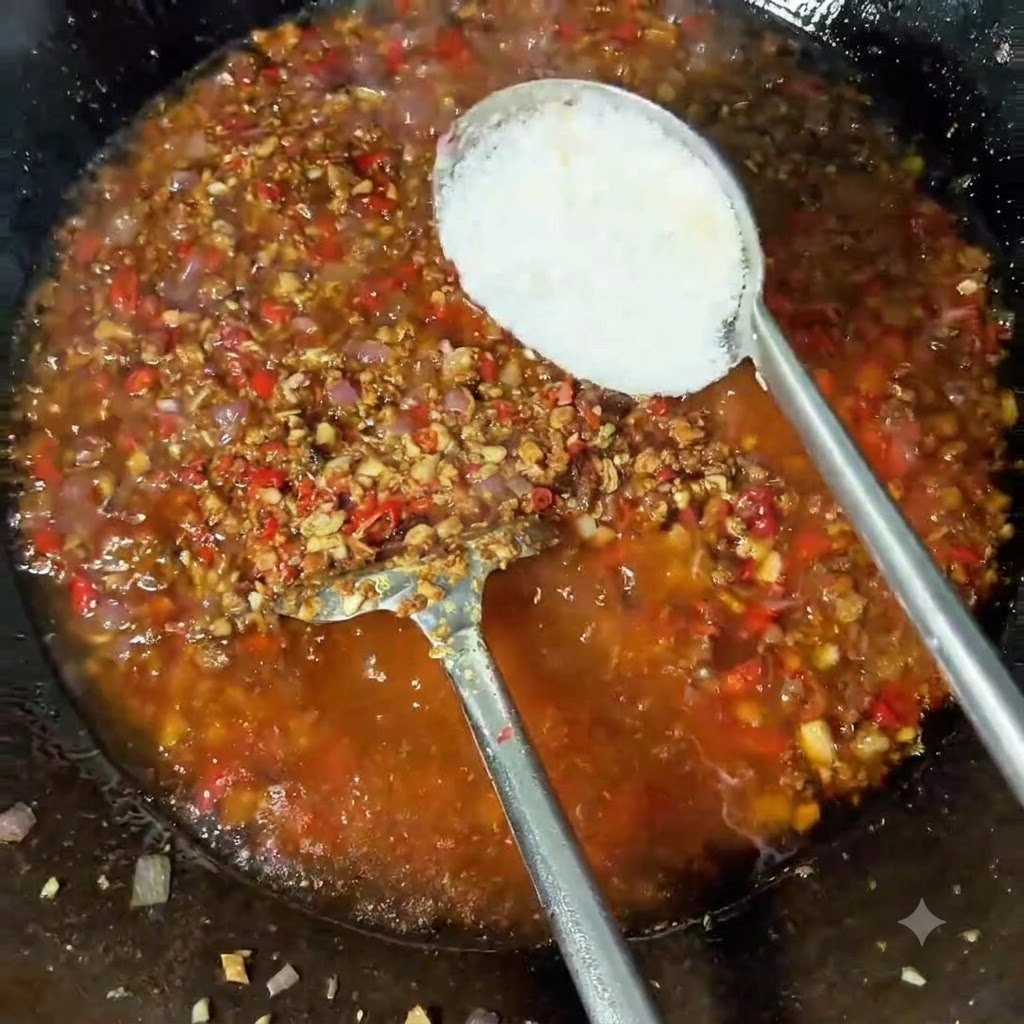 Una cucchiaiata di pasta e peperoncino in polvere aggiunti nel wok colmo di ingredienti.