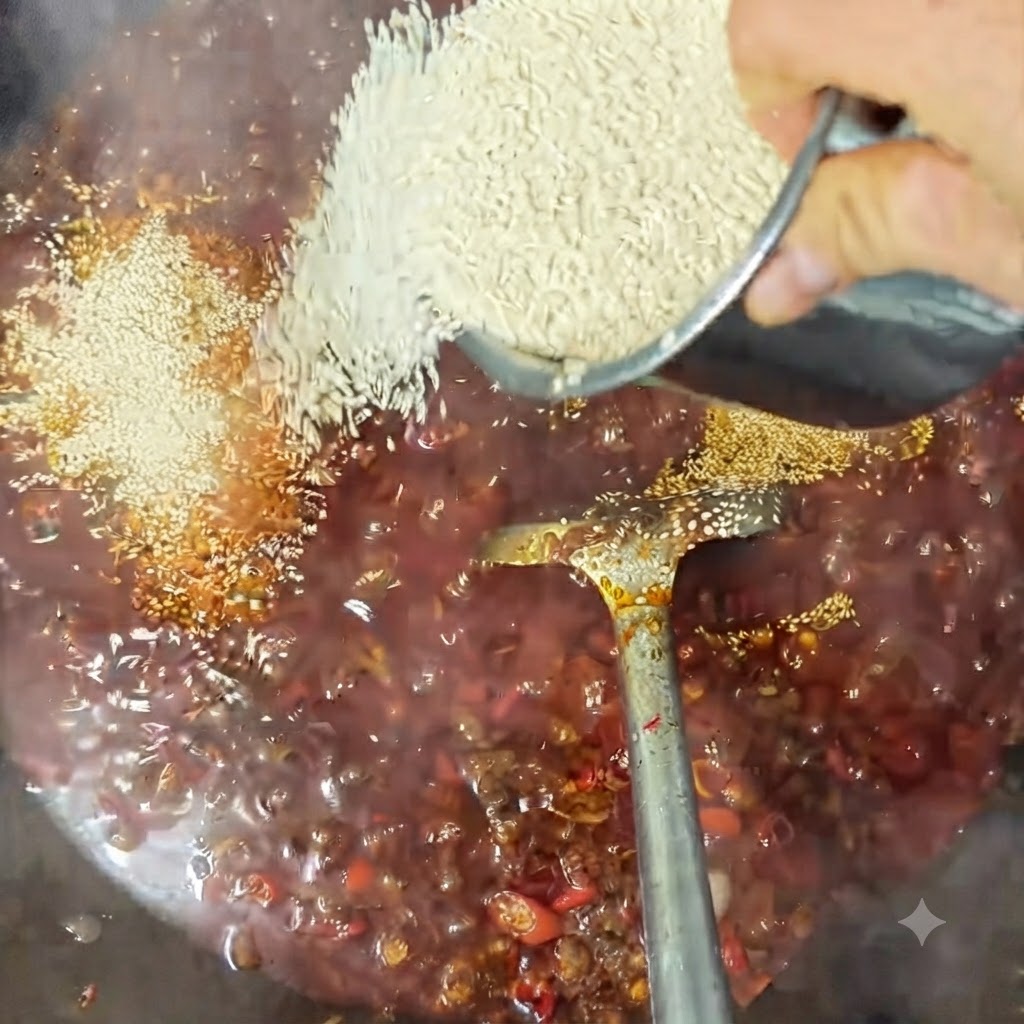 Semi di sesamo bianco spolverati sulla salsa che bolle nel wok.