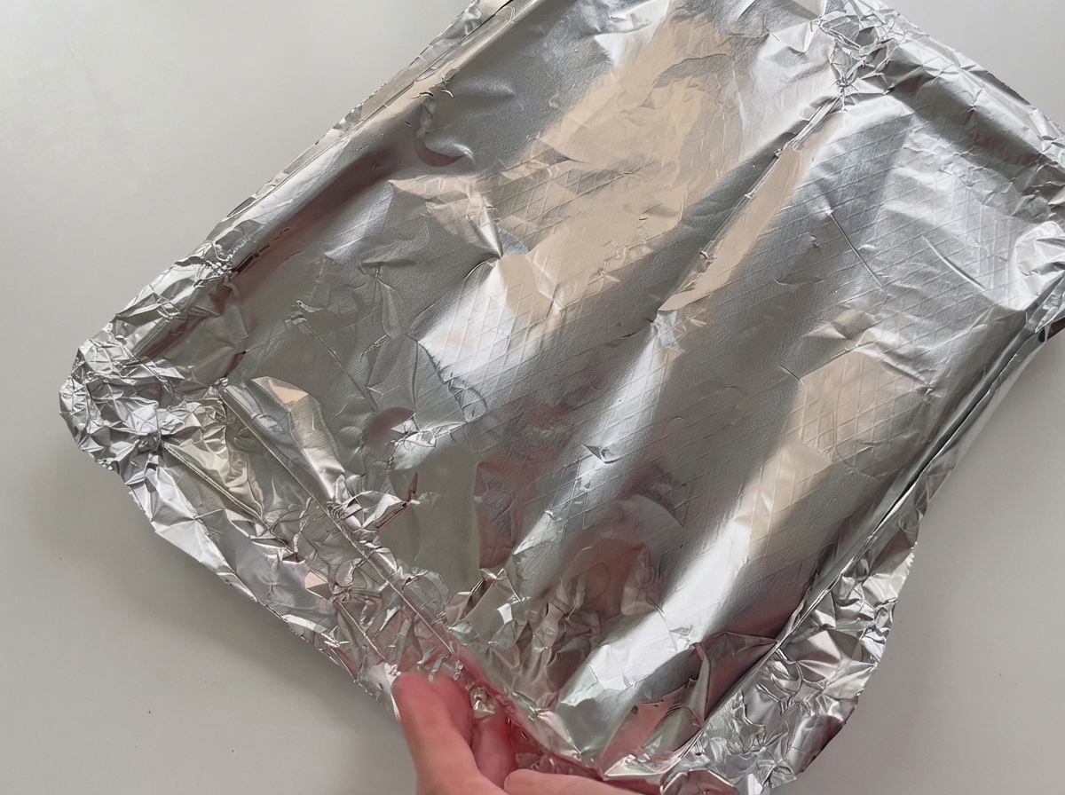 Una teglia da forno coperta di alluminio con costine di maiale marinate che viene inserita nel forno.