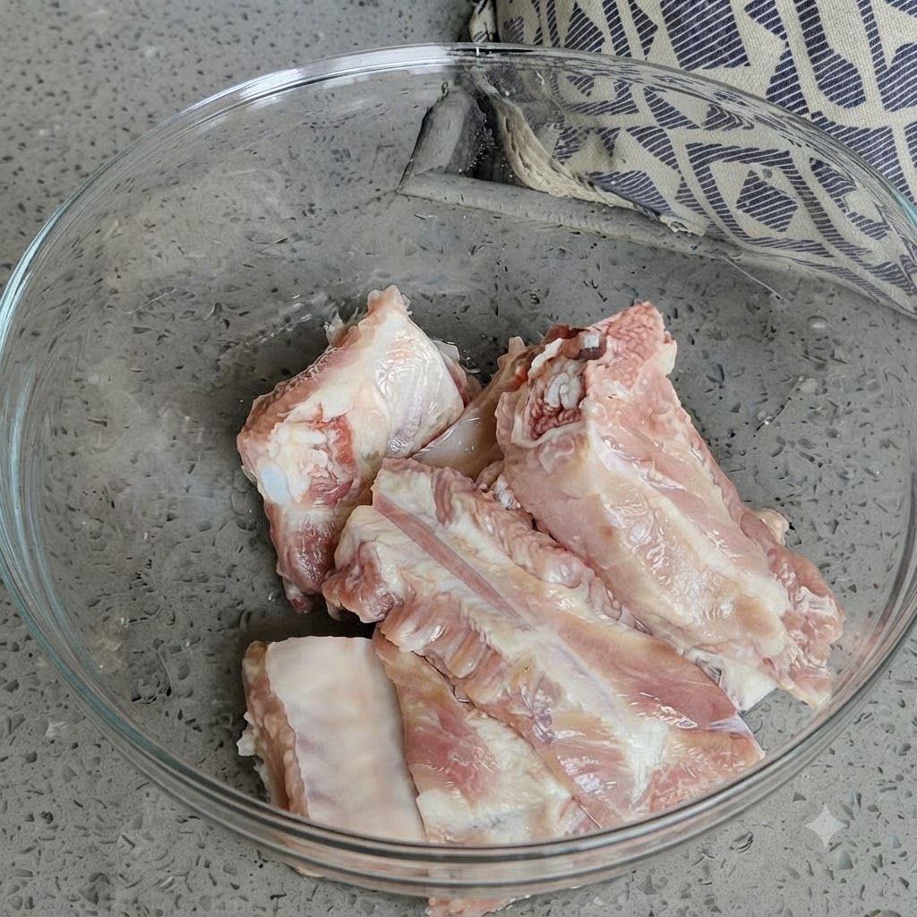 Una bottiglia che versa il miele su pezzi di maiale fresco crudo disposti allinterno di una ciotola di vetro trasparente.