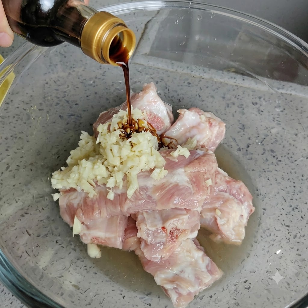 Salsa di soia leggera versata da una bottiglia sulle costine di maiale e sul composto di aglio.