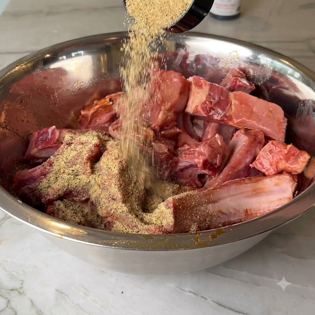 Spezie per barbecue e peperoncino in polvere sparsi sulle costolette di maiale tagliate in una ciotola di metallo.