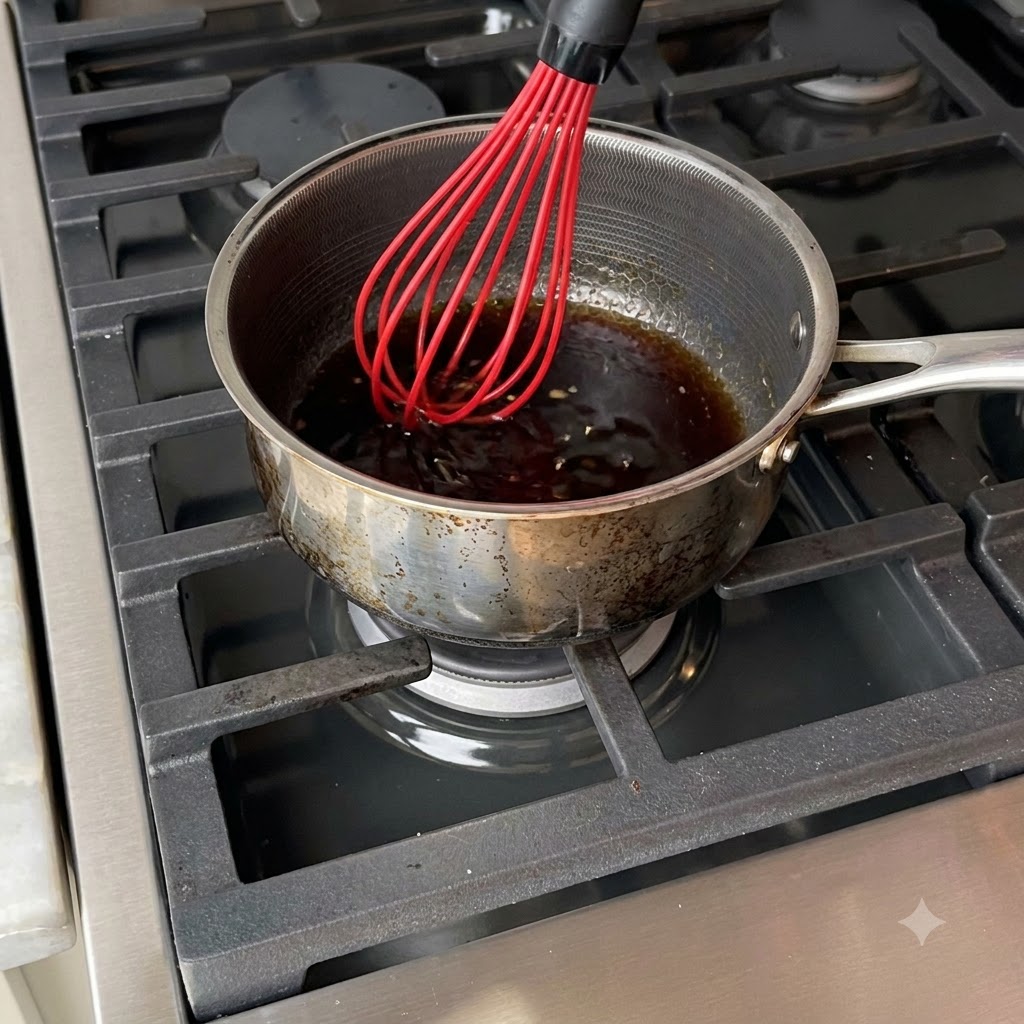 Salsa al miele e aglio con burro, aglio e scaglie di peperoncino che sobbolle e viene mescolata in un pentolino sul fornello.