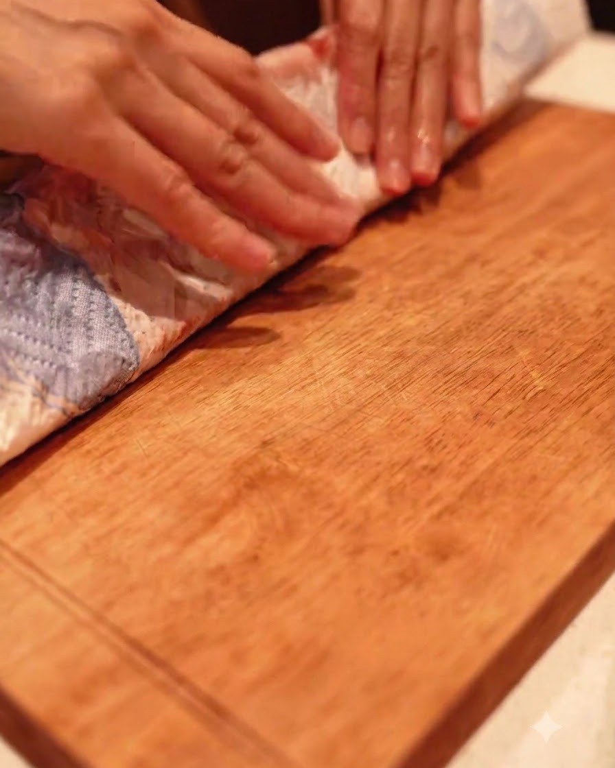 Costine di maiale in preparazione su un tagliere di legno.