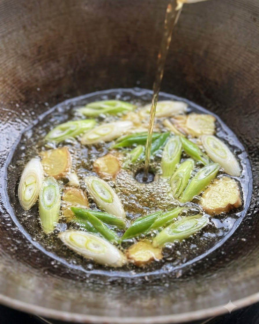 Costine di maiale che bollono in un wok con fette di zenzero e cipollotti.