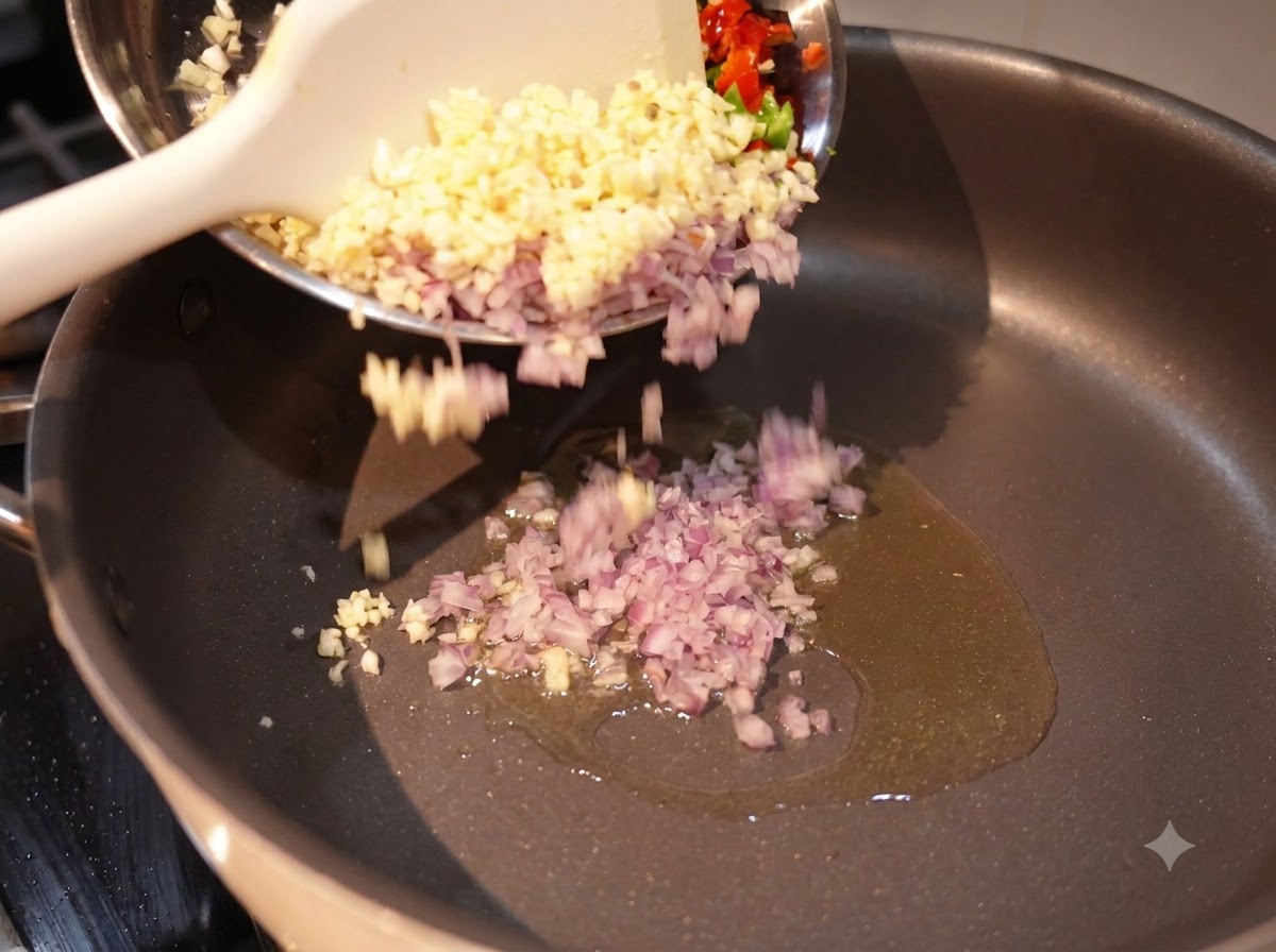Cipolla, aglio e peperoncini tritati versati in una padella con olio.