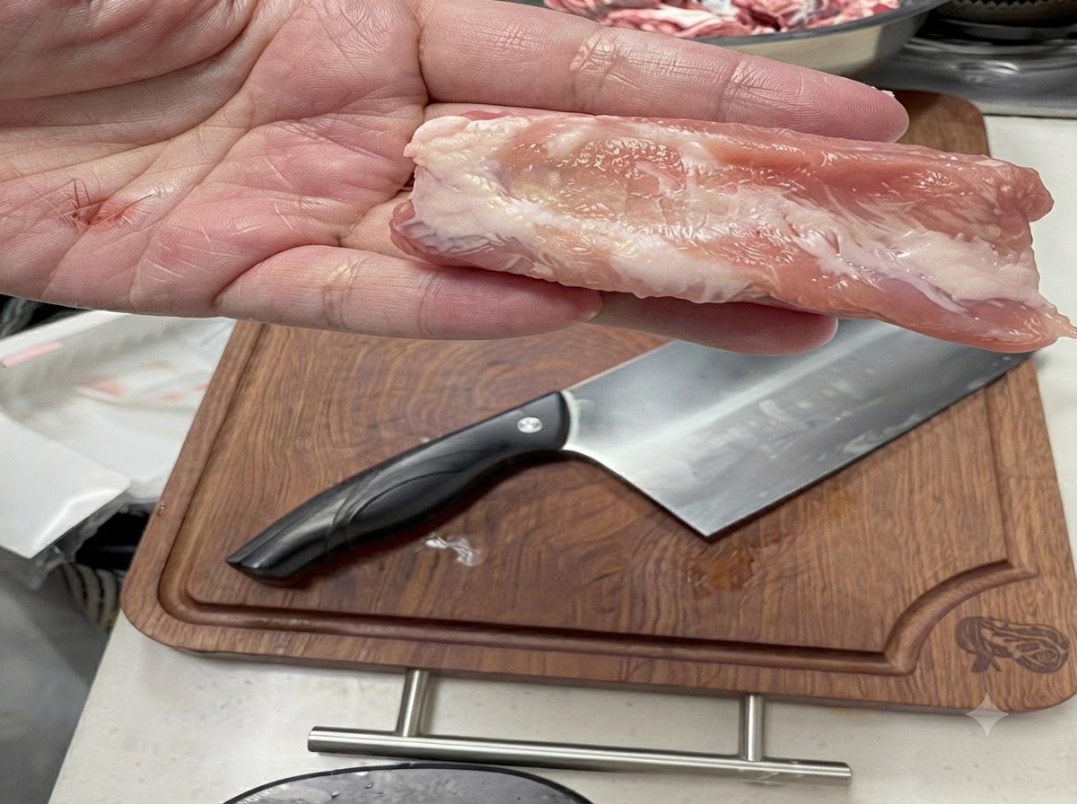 Un primo piano di un pezzo di costina di maiale cruda tenuto sopra un tagliere di legno con una mannaia.