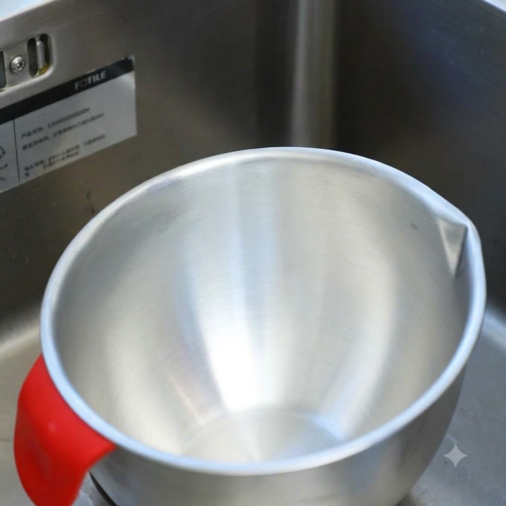 Costine di maiale fresche in una ciotola di metallo con acqua pulita e sale.