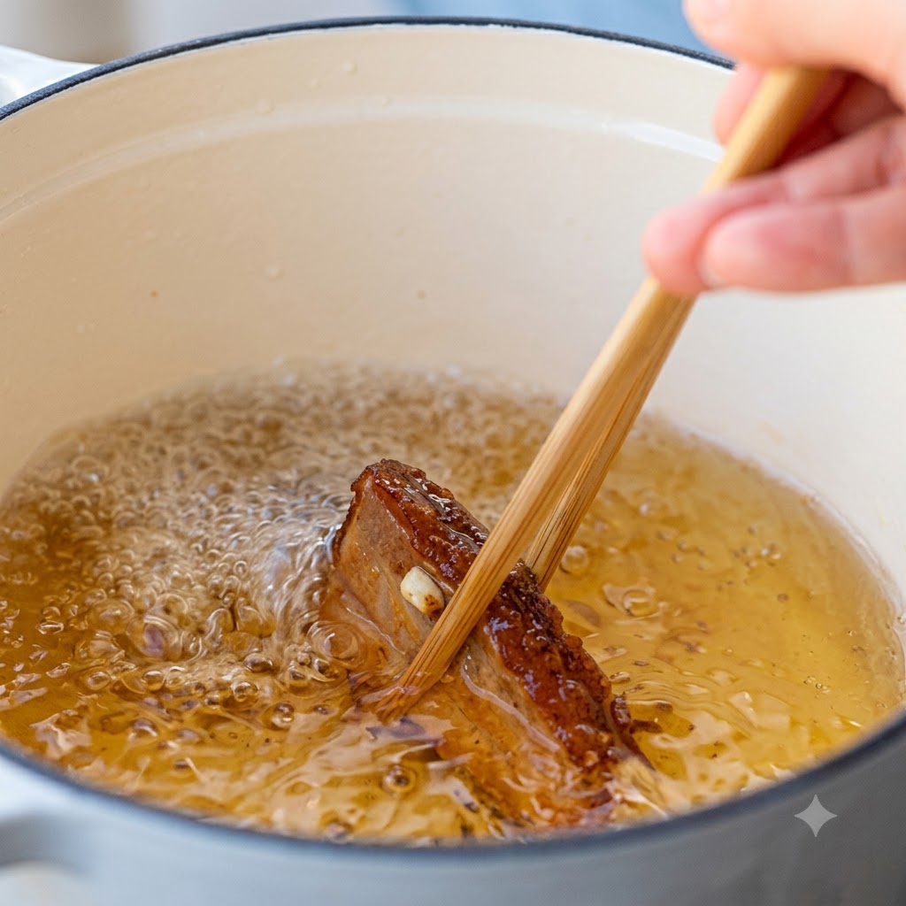 Costine di maiale che friggono nellolio caldo allinterno di una pentola mentre vengono mescolate con bacchette di legno.