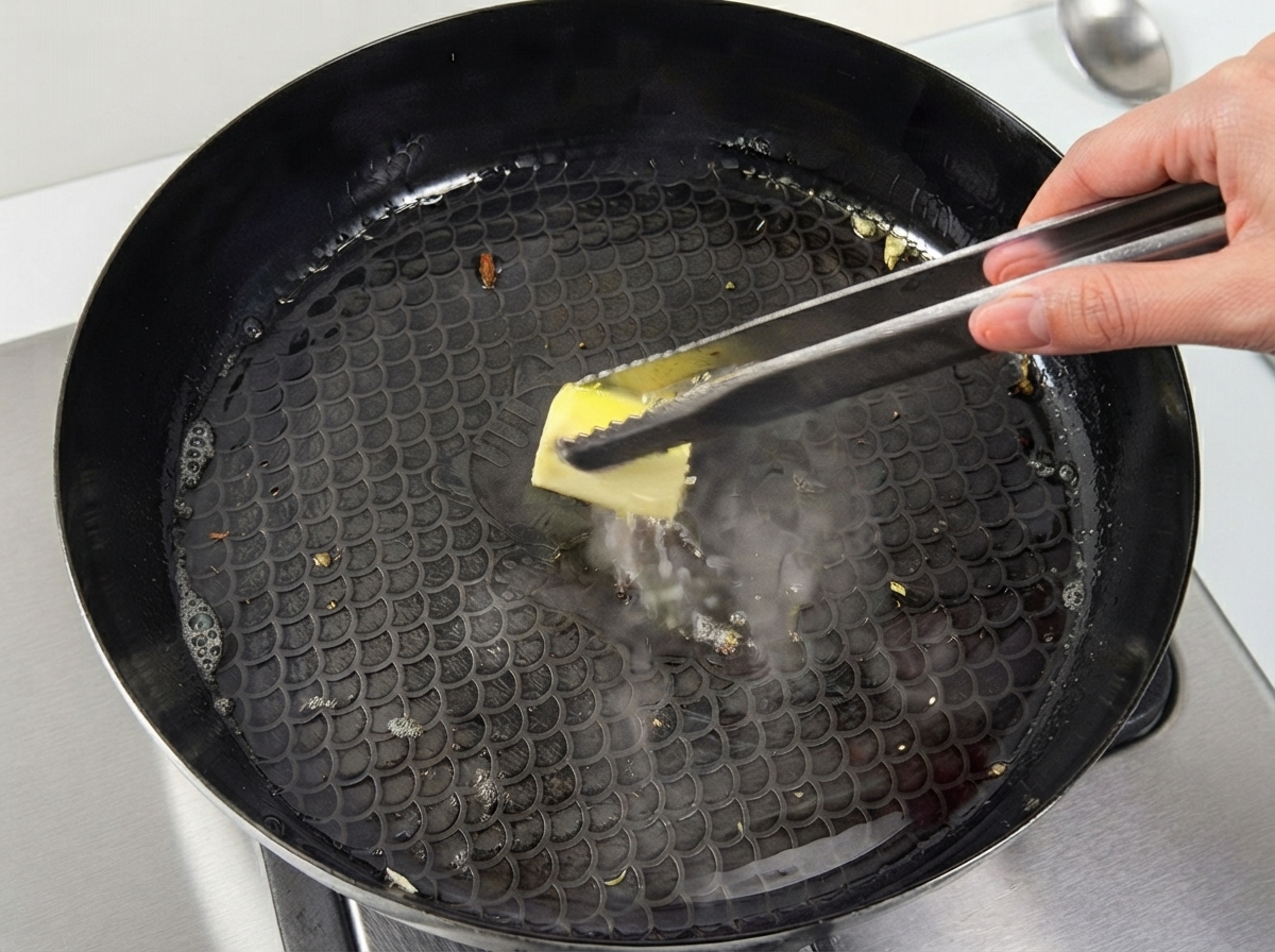 Un paio di pinze di metallo che posizionano una noce di burro in una padella calda con olio sciolto.