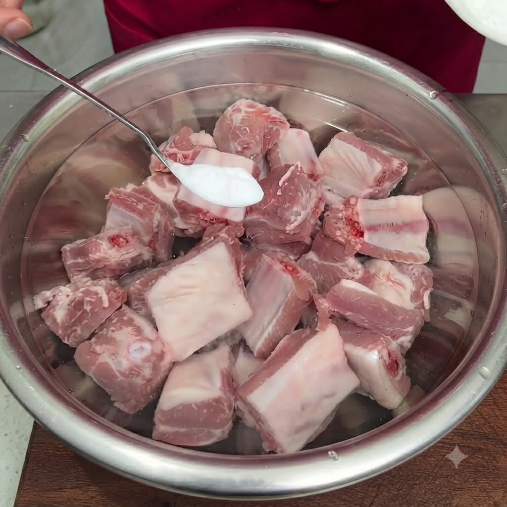 Un cucchiaio di bicarbonato di sodio bianco aggiunto alle costine di maiale crude in ammollo in una ciotola di metallo con acqua.