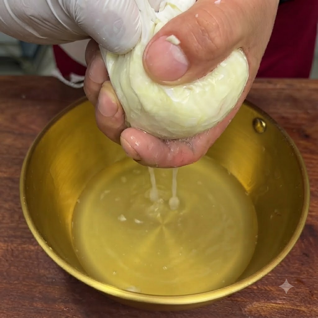 Mani che stringono saldamente un sacchetto filtrante bianco per estrarre gocce di succo daglio in una ciotola di ottone.