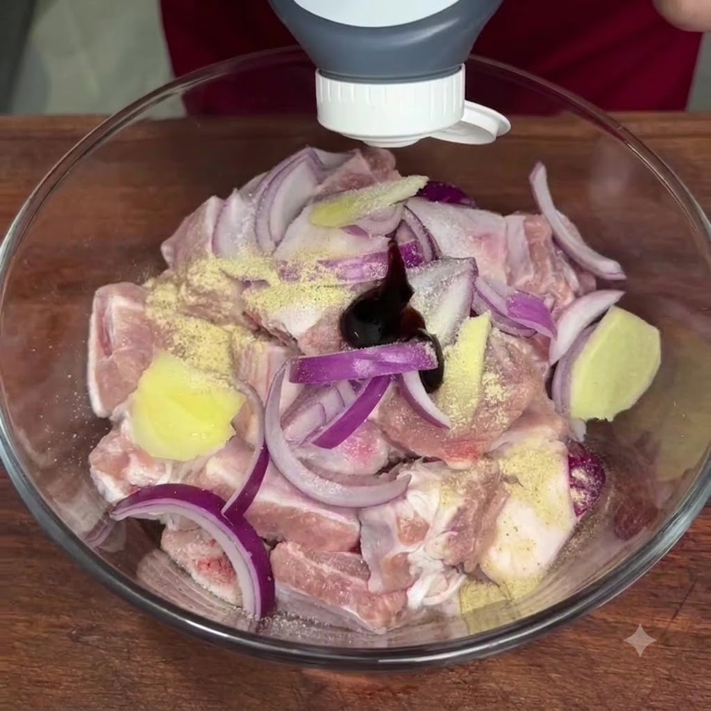 Salsa di ostriche spremuta da una bottiglia al centro delle costine di maiale condite in una ciotola di vetro.