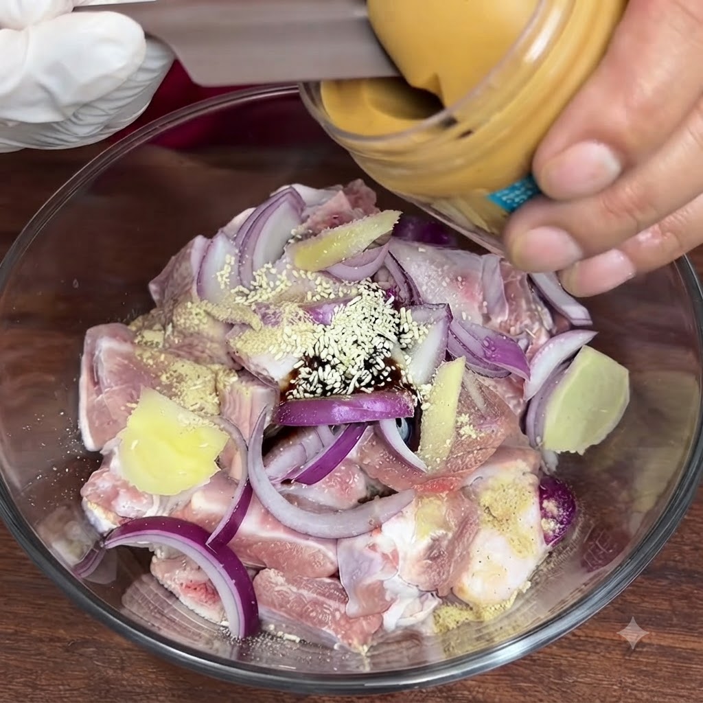 Una grande cucchiaiata di burro darachidi cremoso prelevata da un contenitore nella ciotola di costine di maiale marinate.