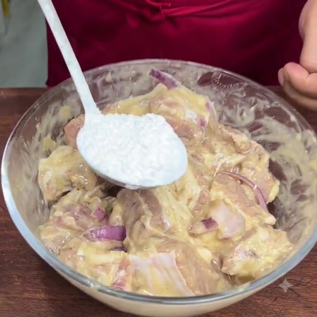 Un cucchiaio bianco che tiene una porzione di farina di riso glutinoso sopra una ciotola di vetro contenente le costine marinate.