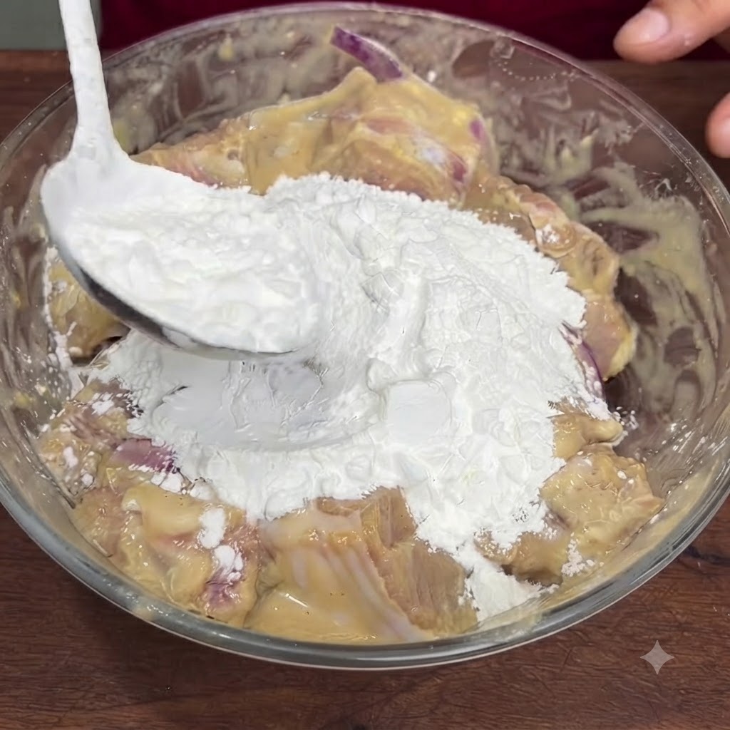 Un cucchiaio di amido di mais versato nella ciotola di vetro piena di costine marinate.