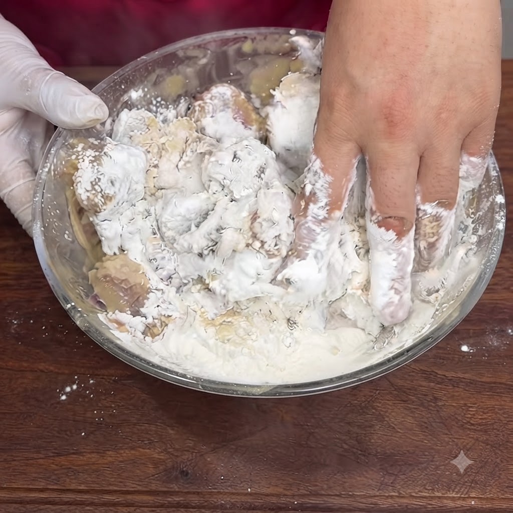 Una mano guantata e una mano nuda che mescolano energicamente le costine e la miscela di farina allinterno di una ciotola di vetro.