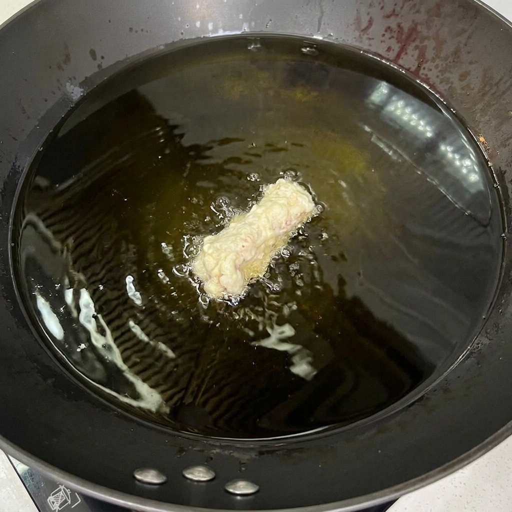 Una singola costina di maiale infarinata calata nellolio da cucina caldo e scintillante in un wok nero.