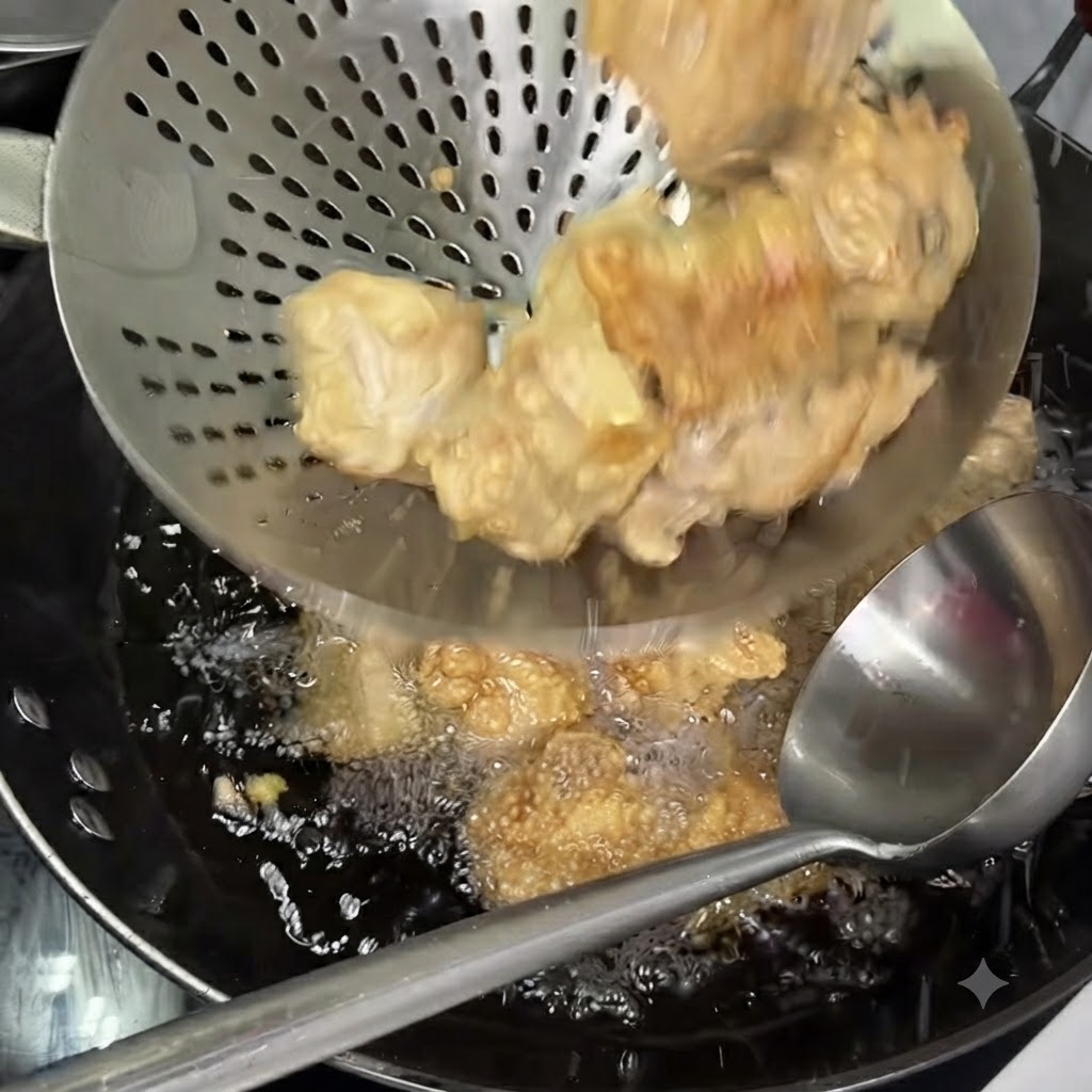 Un cucchiaio forato che solleva costine parzialmente fritte dallolio caldo mentre un altro mestolo riposa nel wok.