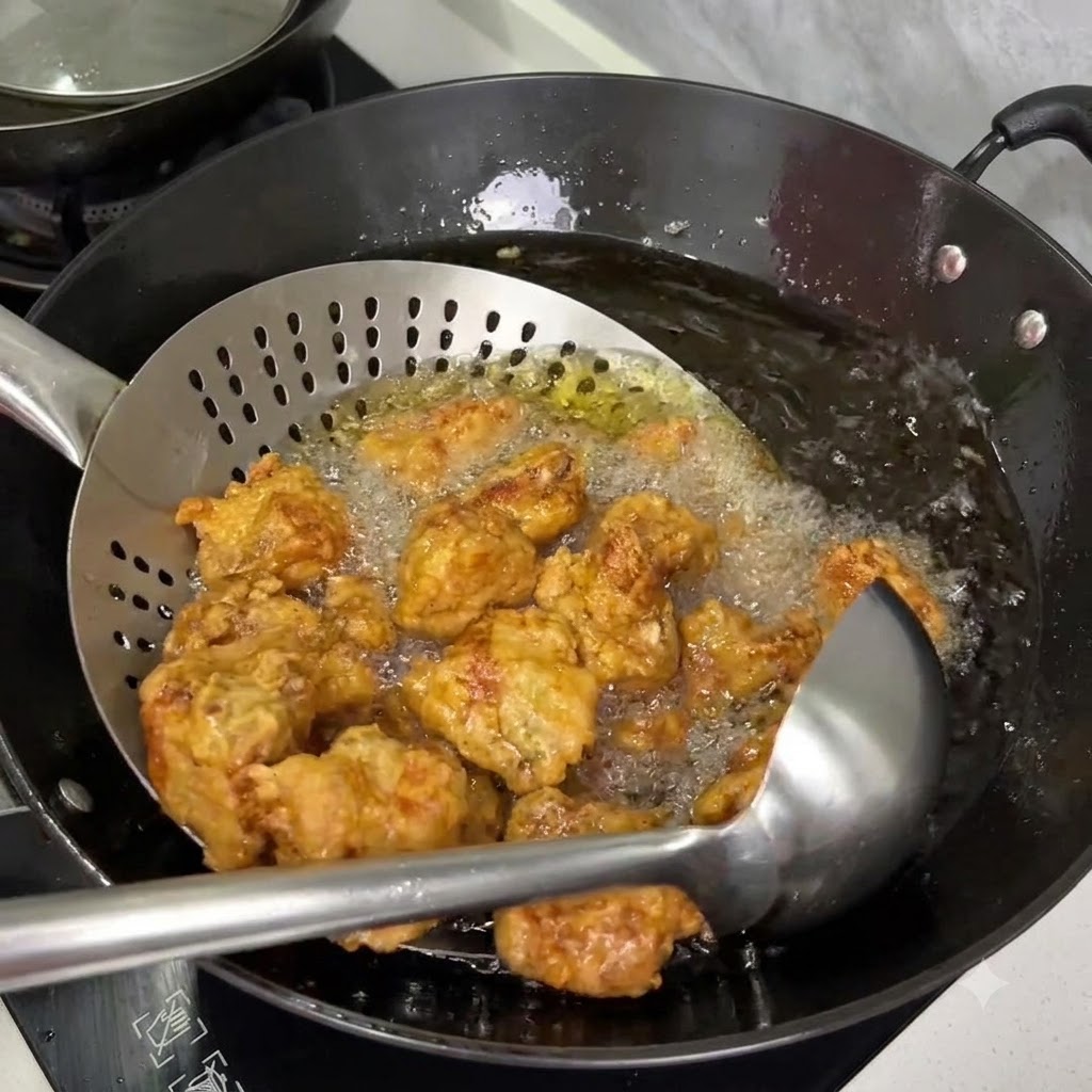 Un cucchiaio forato di metallo che solleva costine fritte dorate dallolio bollente in un wok.