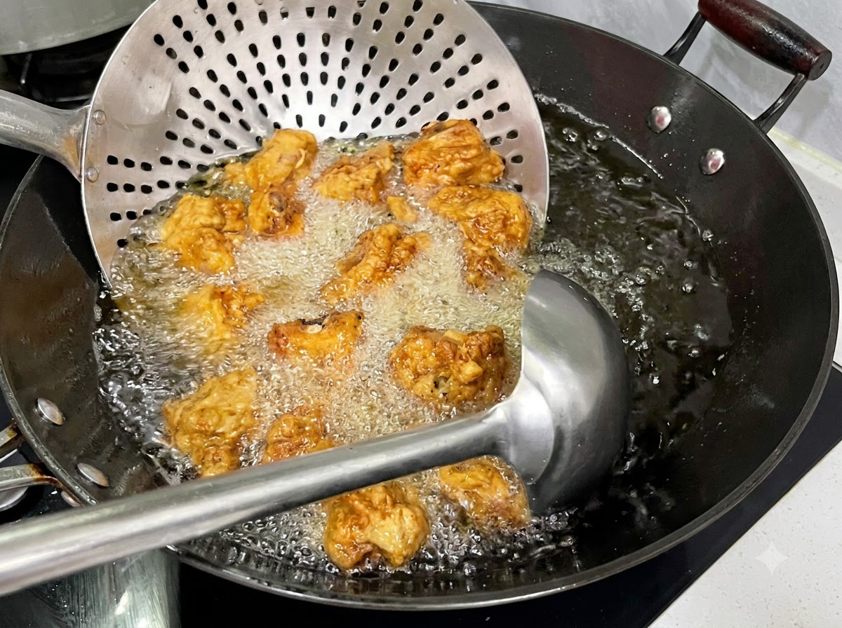 Un cucchiaio forato che tiene le costine fritte in olio caldo che bolle vigorosamente in un wok.