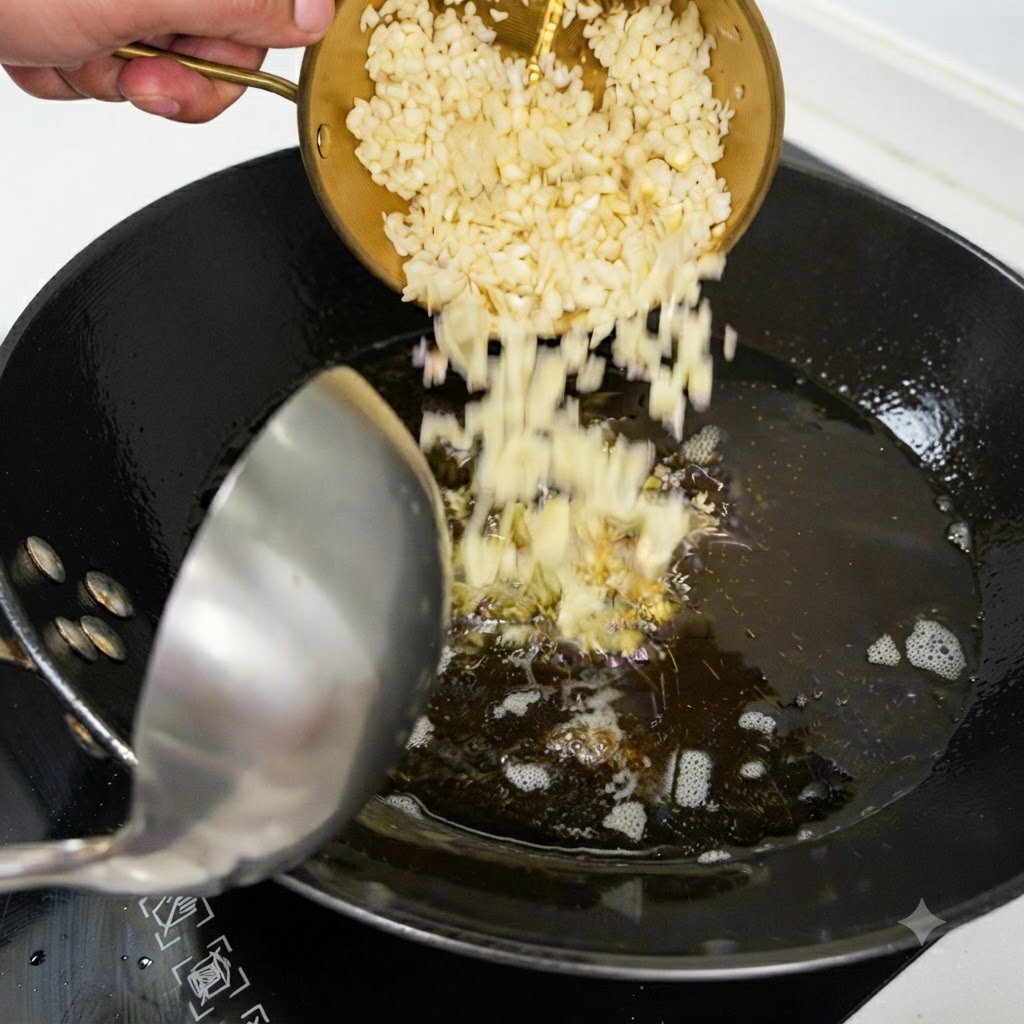 Una mano che versa aglio tritato da un piccolo colino di ottone in un wok di olio caldo.