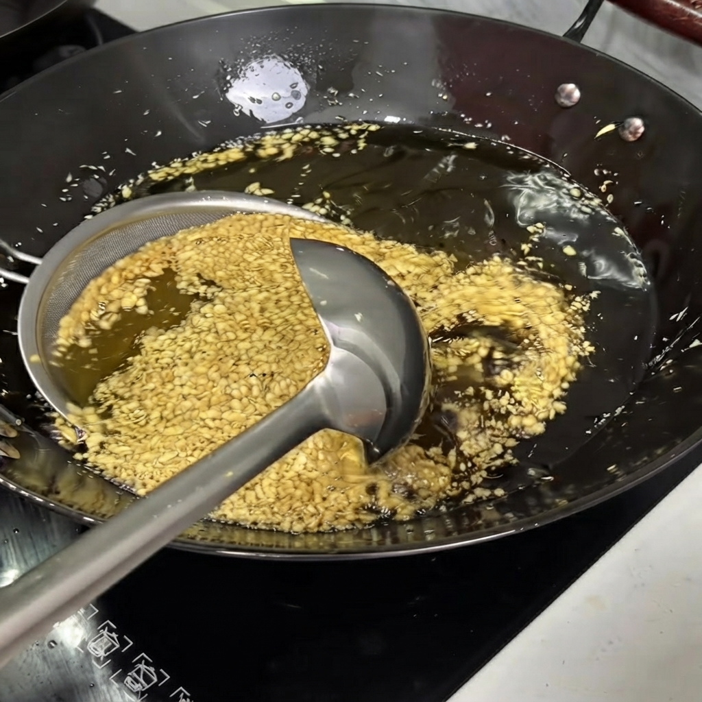 Un colino a maglia fine che raccoglie aglio fritto dorato da un wok pieno di olio caldo.