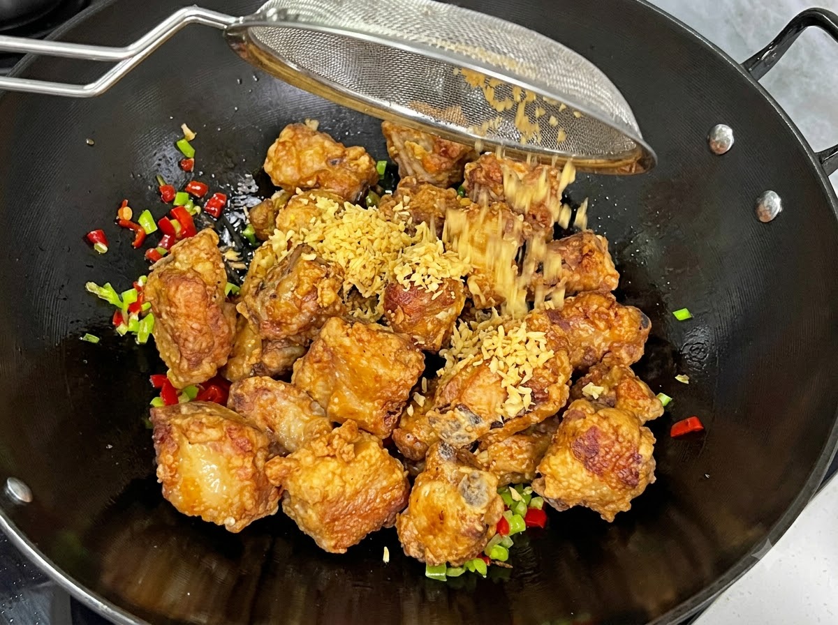 Aglio tritato fritto scosso da un colino a rete sulle costine fritte in un wok.