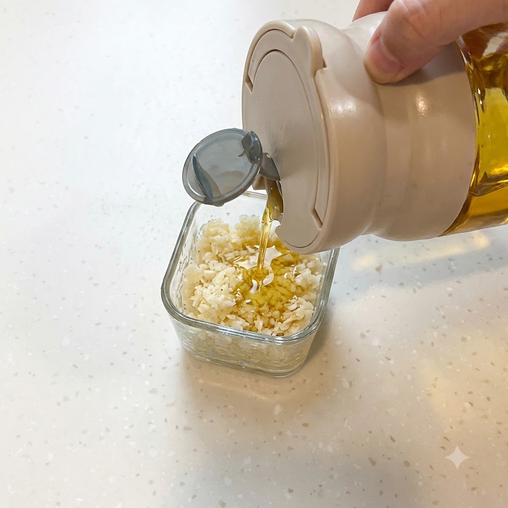 Olio da cucina versato da un dosatore in un piccolo contenitore di vetro pieno di aglio tritato.