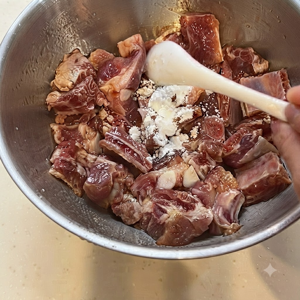 Una mano con guanto che mescola amido di mais e condimenti nelle costolette di maiale crude allinterno di una ciotola di metallo.