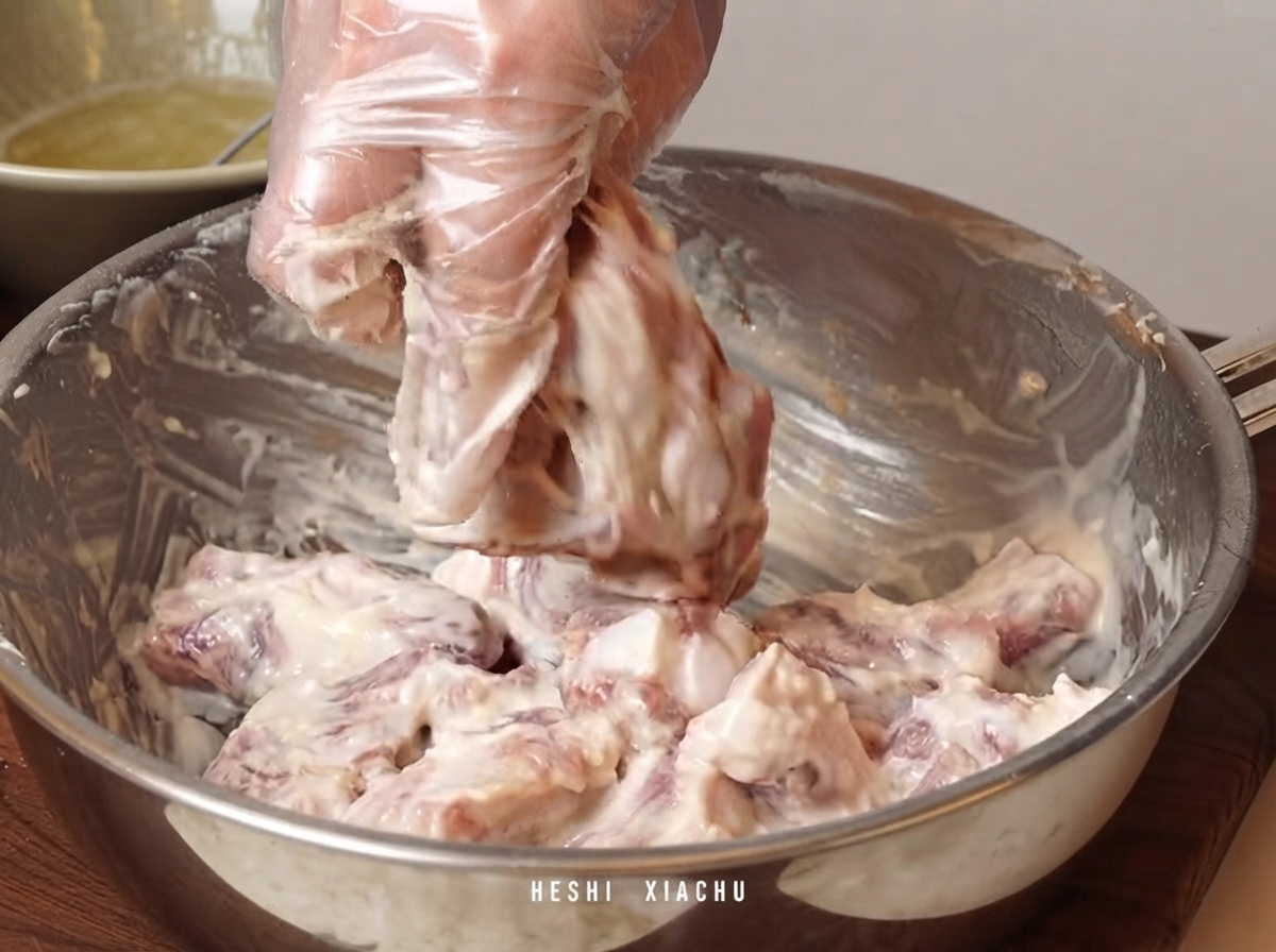 Una persona che indossa un guanto di plastica trasparente mescola e ricopre le costine di maiale impastellate allinterno di una ciotola di metallo.