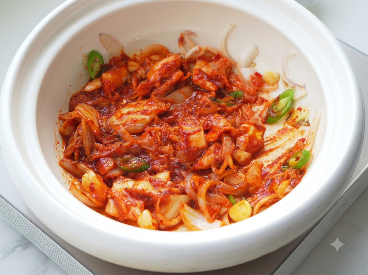Base rossa piccante per lo stufato mescolata con kimchi e pasta di peperoncino in ebollizione nella pentola.