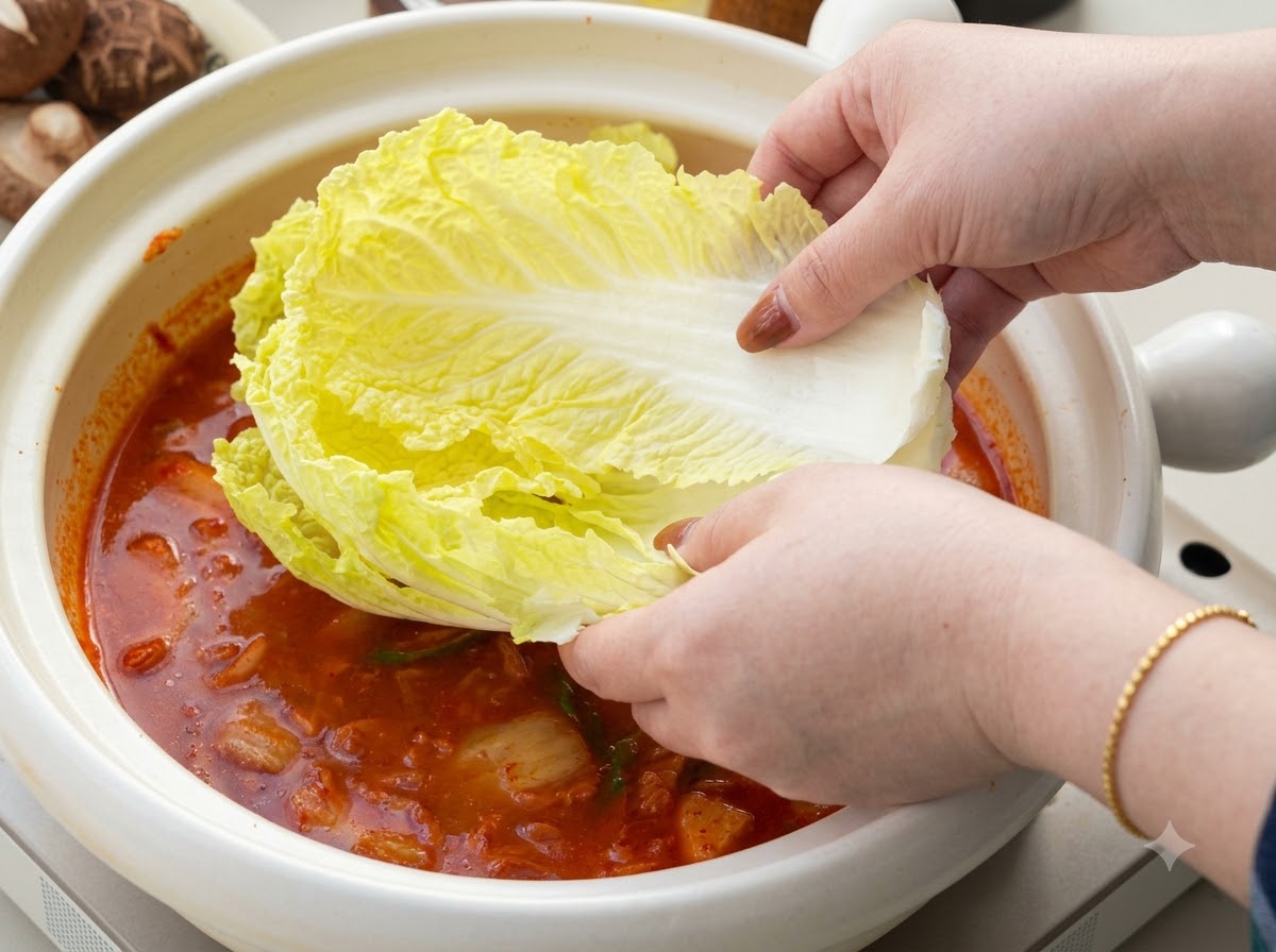 Mani che posizionano foglie fresche di cavolo cinese nel brodo rosso in ebollizione.