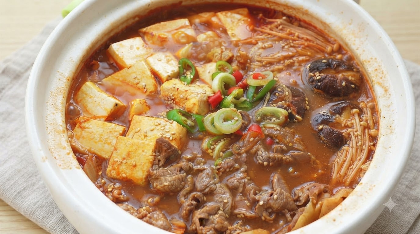 Una pentola ribollente di stufato coreano ripiena di tenero manzo, cubetti di tofu vellutato, funghi e un vibrante brodo rosso piccante.