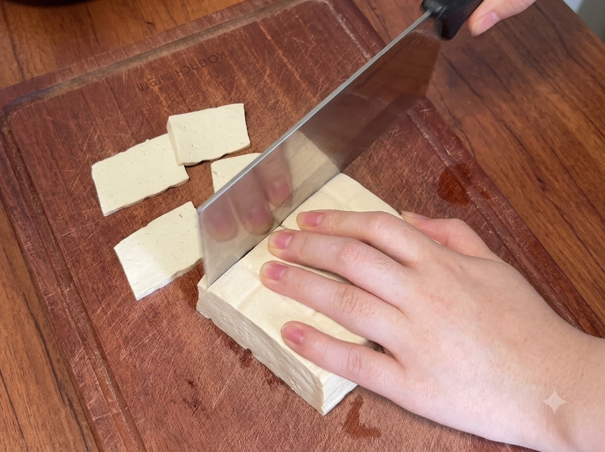 Una persona che usa un grosso coltello da cucina per tagliare un panetto di tofu bianco sodo in fette rettangolari uniformi su un tagliere di legno.