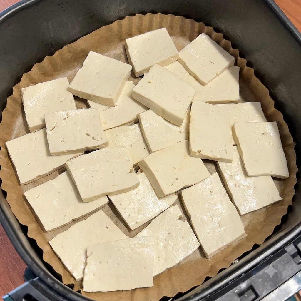 Fette di tofu sodo crudo disposte in piano su carta da forno allinterno del cestello di una friggitrice ad aria.