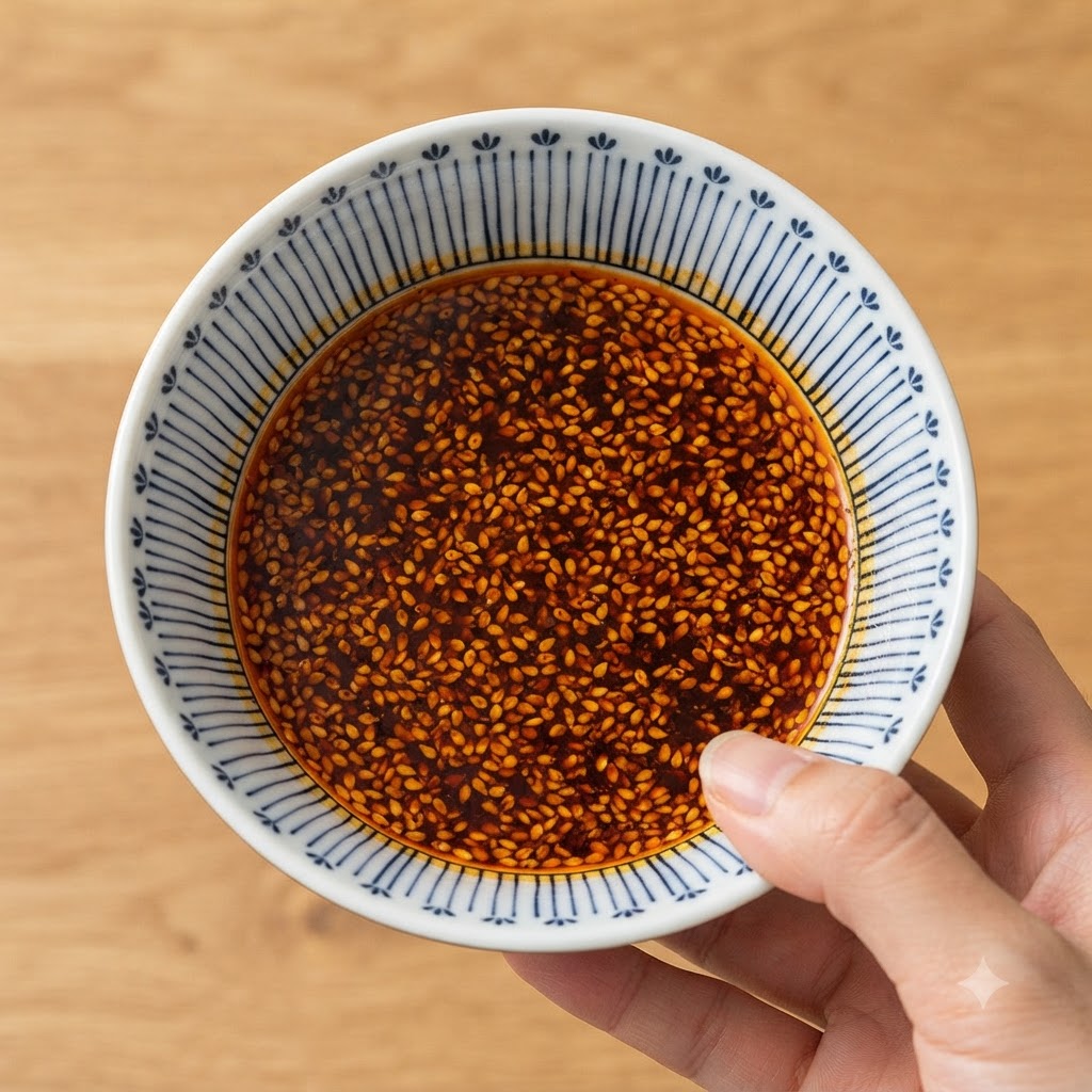 Una mano che tiene una ciotola decorata riempita con una salsa rosso scuro mescolata a semi di sesamo bianco.