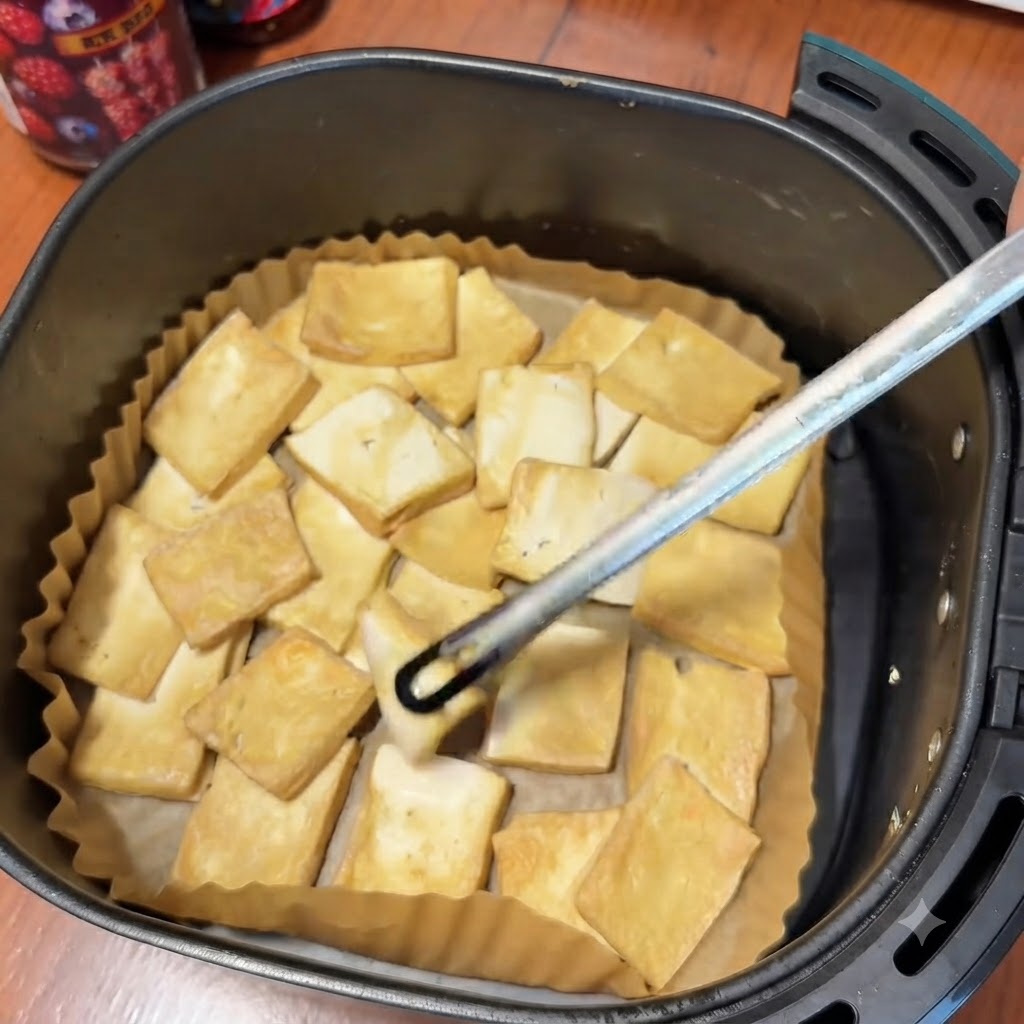 Pinze di metallo che girano fette di tofu leggermente dorate e parzialmente cotte appoggiate su carta da forno nel cestello della friggitrice ad aria.