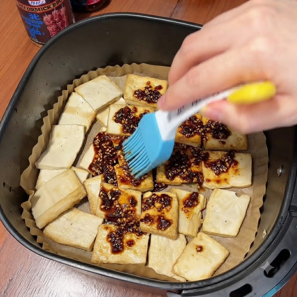 Una mano che usa un pennello in silicone blu per spalmare una salsa scura al peperoncino e sesamo sulle fette di tofu girate nella friggitrice ad aria.