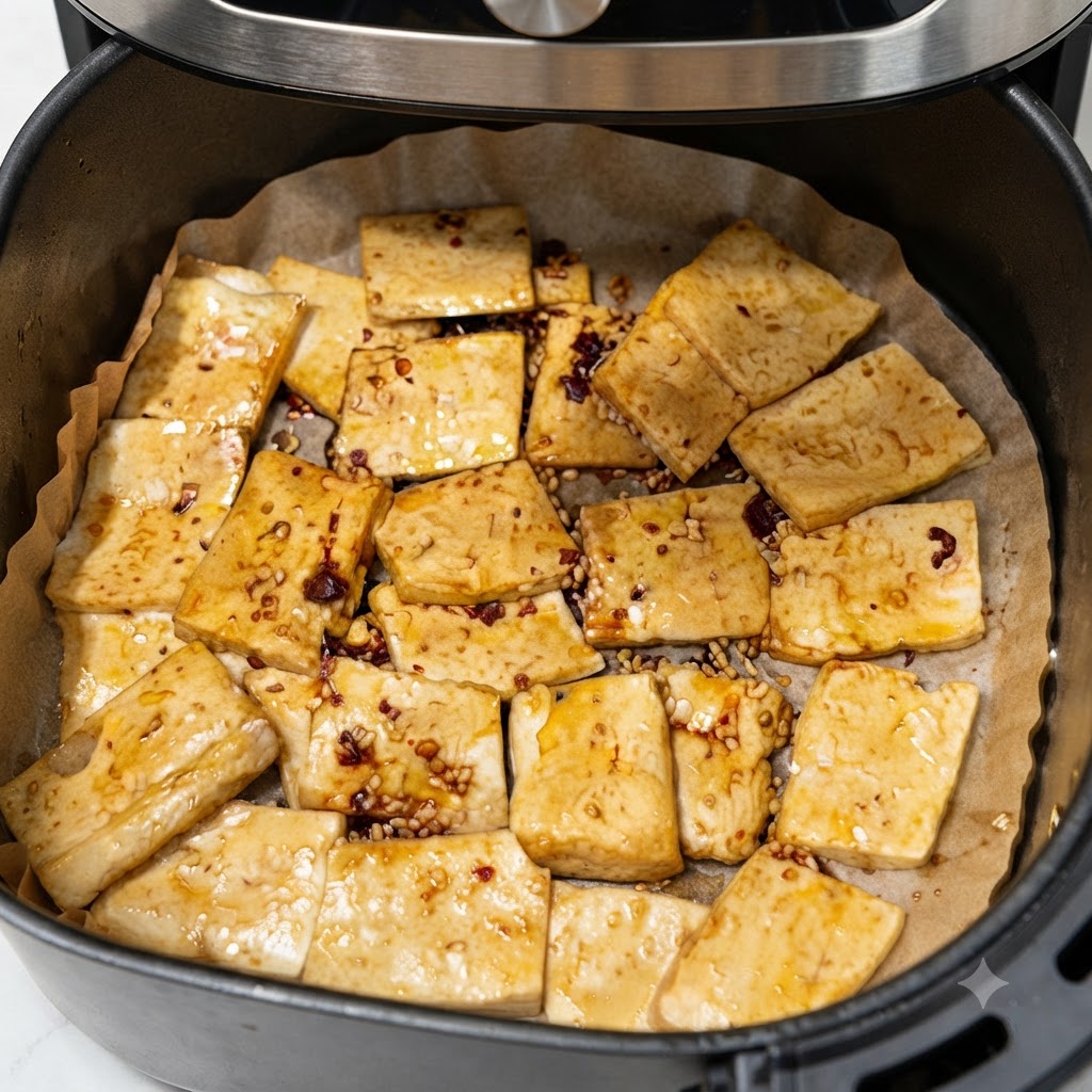 Fette di tofu nel cestello della friggitrice ad aria spruzzate con olio prima del ciclo finale di cottura.
