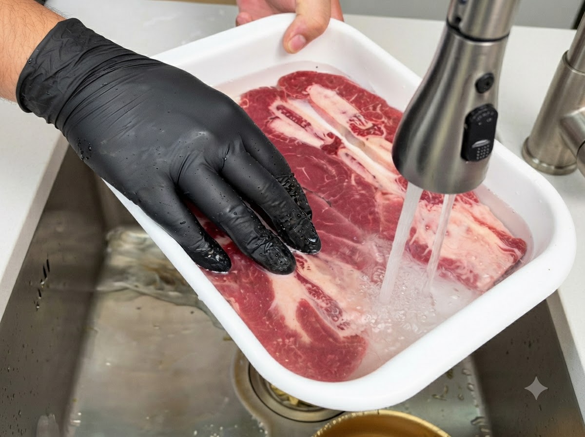 Mani con i guanti che lavano costine di manzo crude sommerse in un contenitore bianco dacqua sotto un rubinetto aperto.
