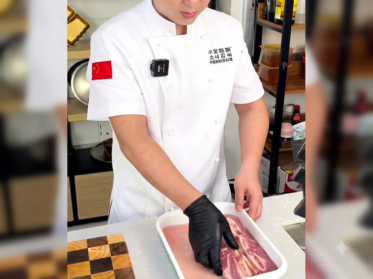 Una mano con i guanti che risciacqua con cura le costine di manzo con osso in una vaschetta dacqua per ripulire leccesso di sangue.