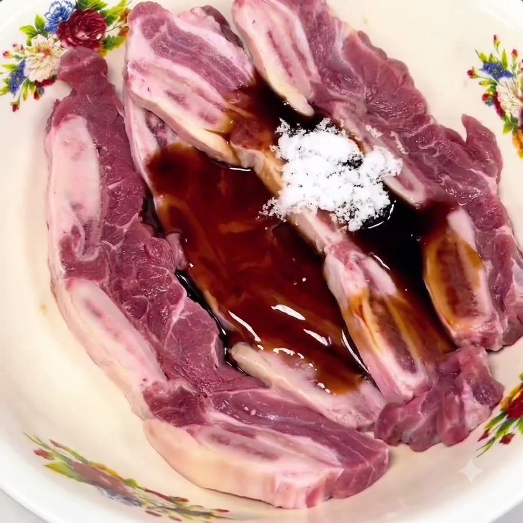 Costine di manzo con osso crude in una ciotola decorate con salsa di soia scura, zucchero bianco e vari condimenti liquidi.