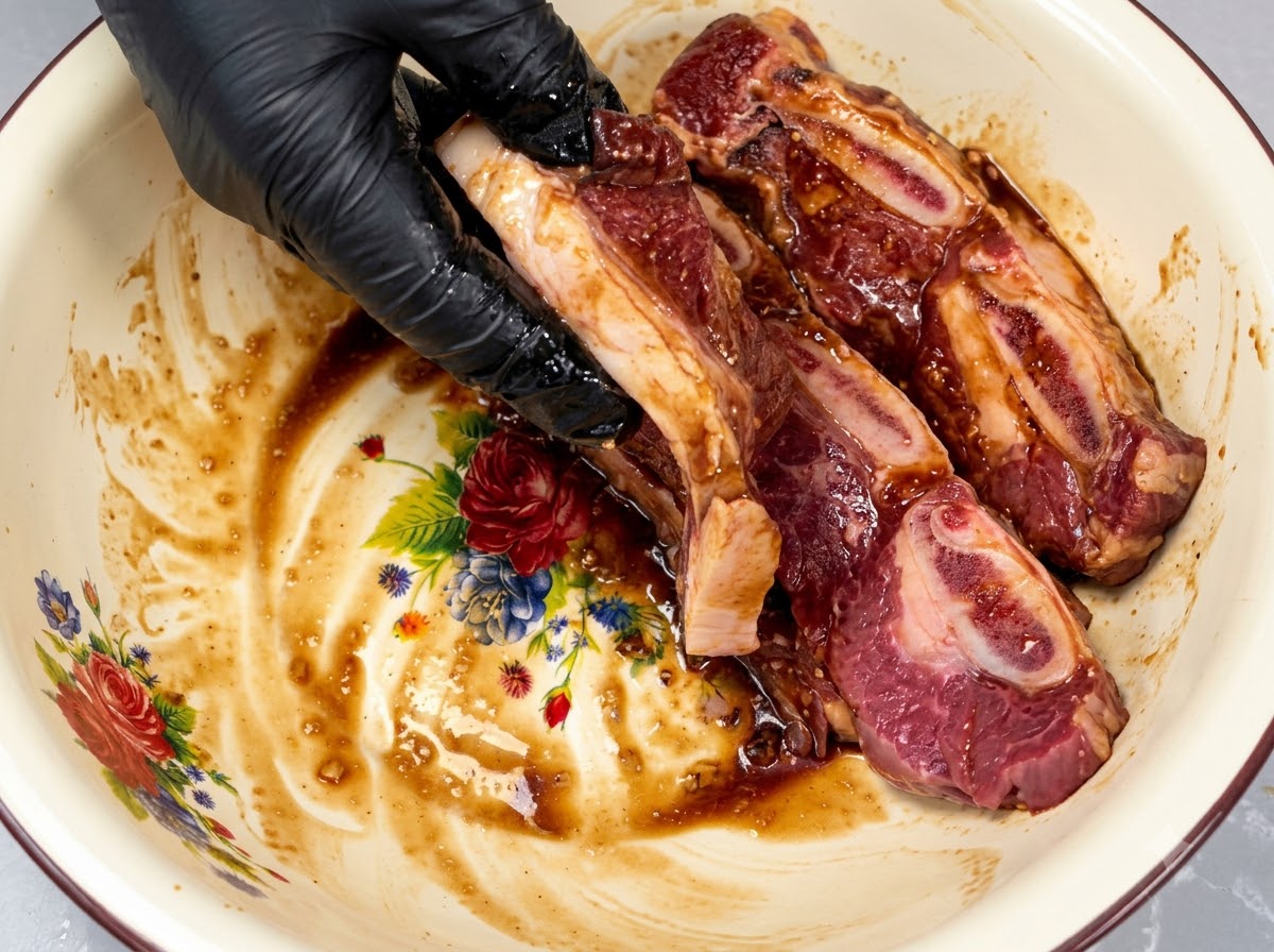 Una mano con guanto nero che massaggia accuratamente una marinata scura su pezzi crudi di costine di manzo con osso allinterno di una ciotola.
